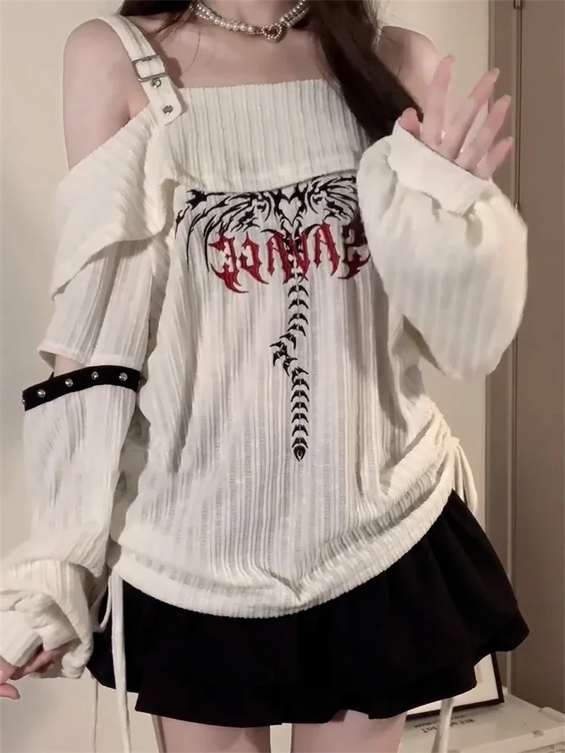 2025 otoño Harajuku coreano Y2k suéteres de manga larga de gran tamaño mujeres estampado Jersey suéter de punto Jumper Vintage 2000s ropa