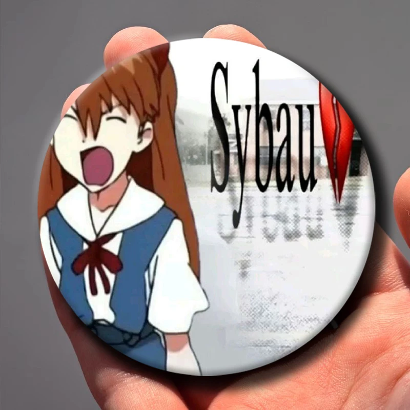 58mm Funny Sybau Meme Badges Custom Cartoon Character Lapel Pins Handmade Round Brooches for Bag