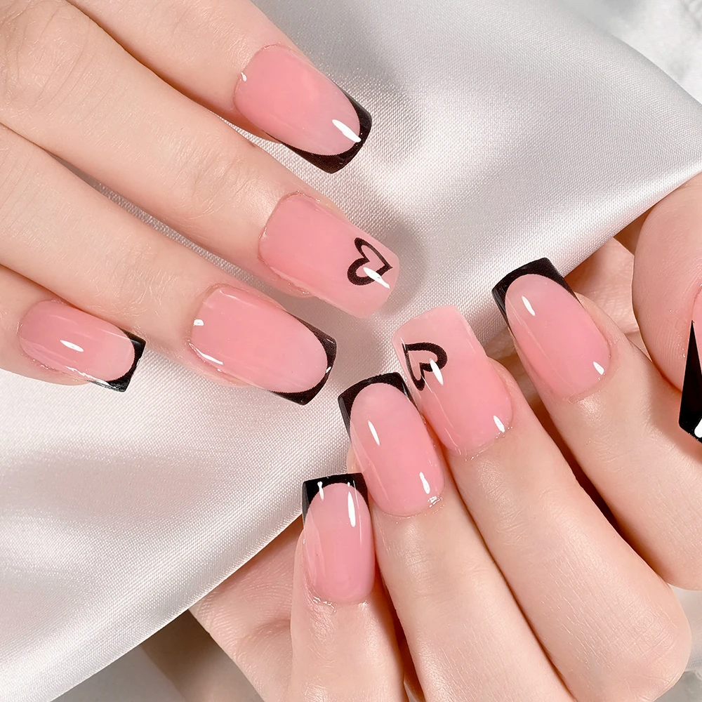 

24Pcs French Short Square Coffin False nails Nude Pink Black French Press on Nail Glossy Heart Simple Wearable Fake Nail Patches