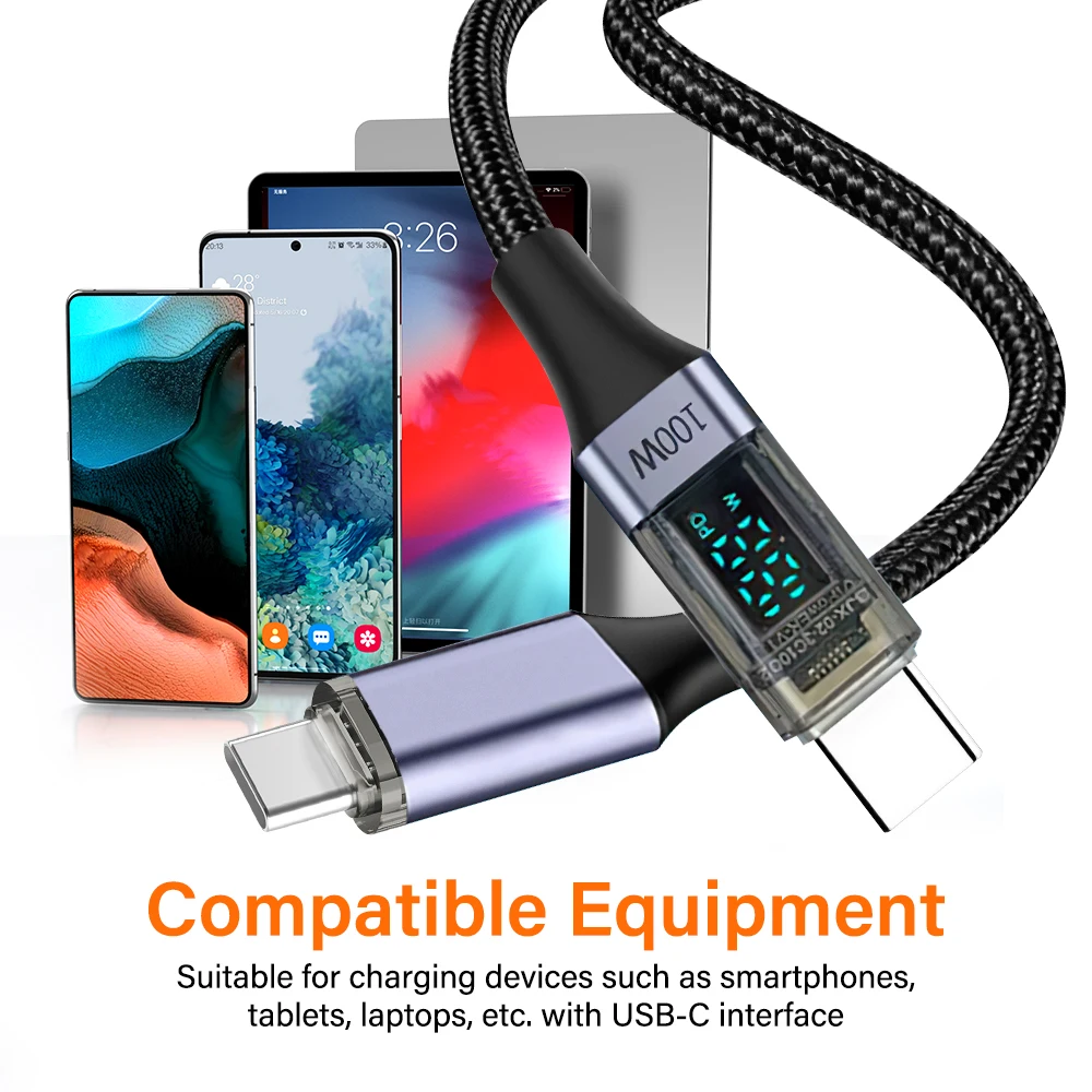 Digital Dispaly USB C Cable For iPhone 16 15 Xiaomi mi Samsung S25 100W PD Fast Charging For Macbook iPad Type C to Type C Cable