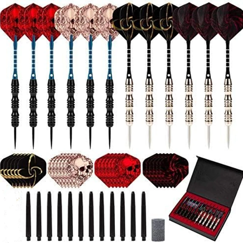 Metall-Dart, Stahlspitze, 12 Stück, Aluminium-Dartstange, Kunststoffpfosten, extra fliegender Dartschärfer, Nadel, Steinbox