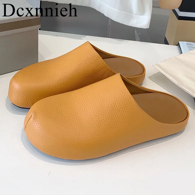 

Spring Genuine Leather Casual Versatile Slippers Solid Color Simple Lazy People At Home Mules Comfortable Vacation Shoes Unisex