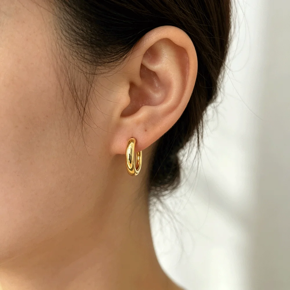 Gold & Silver Plated Smooth Chunky Round Hoop Earrings, Women's Daily Minimalist Stackable Party Wedding Jewelry Gift for Her view 2