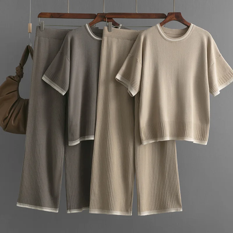 Broeksets Dames Tweedelige gebreide top Korte mouw Ronde hals Truien Patchwork Midi Taille Lange broek Dame Recht Casual