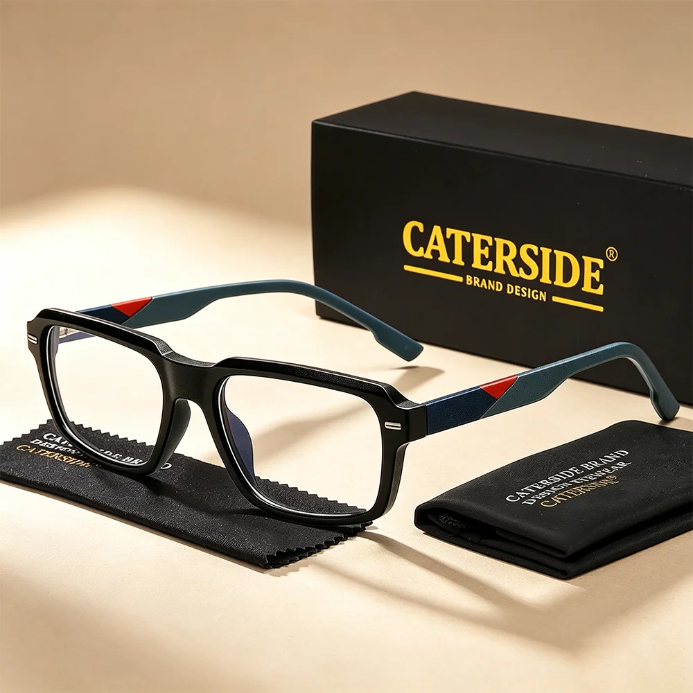 CATERSIDE Men Blue Light Glasses Rectangular Design Silicone Temple Spring Hinge Glasses Women Daily Indoor Activities Eyewear