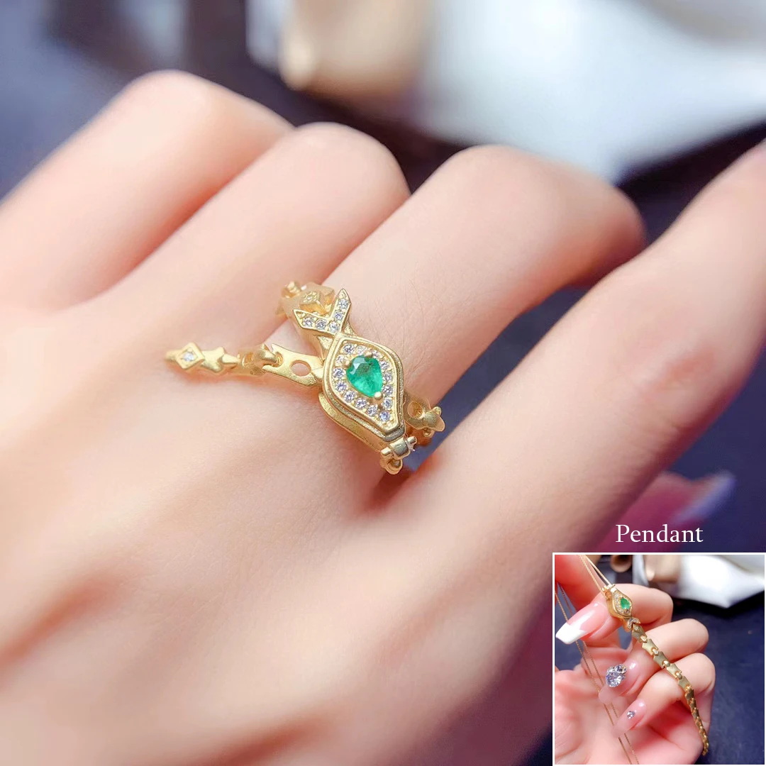 

MeiBaPJ 3*4 Natural Emerald Gemstone Fashion Snake Ring/Pendant for Women Real 925 Sterling Silver Charm Fine Wedding Jewelry