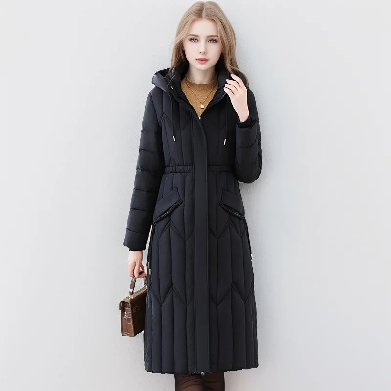 Slim Fit Women's Winter Quilted Jacket Geometric Print Spliced Zipper Fly Hooded Coat For Female Long Windproof Lady's Jacket