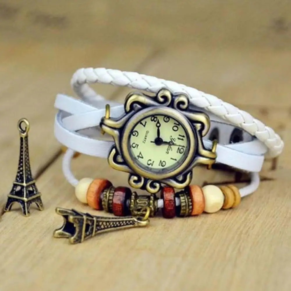 Quartz Wristwatch for Women Vintage Eiffel Tower Multilayer Braided Faux Leather Bracelet Wrist Watch