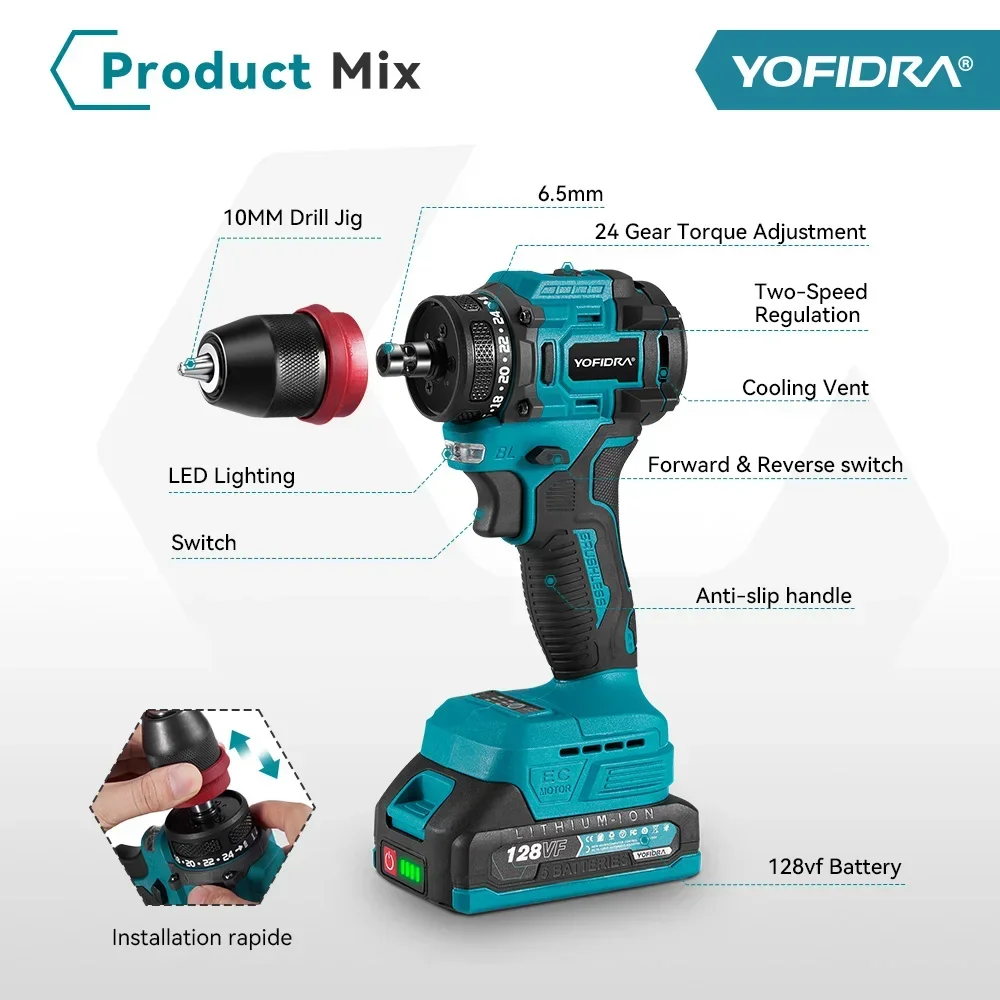 YOFIDRA 10mm Brushless Electric Drill Screwdriver 24 Gears Cordless Efficient Impact Drill Power Tool For Makita 18V Battery