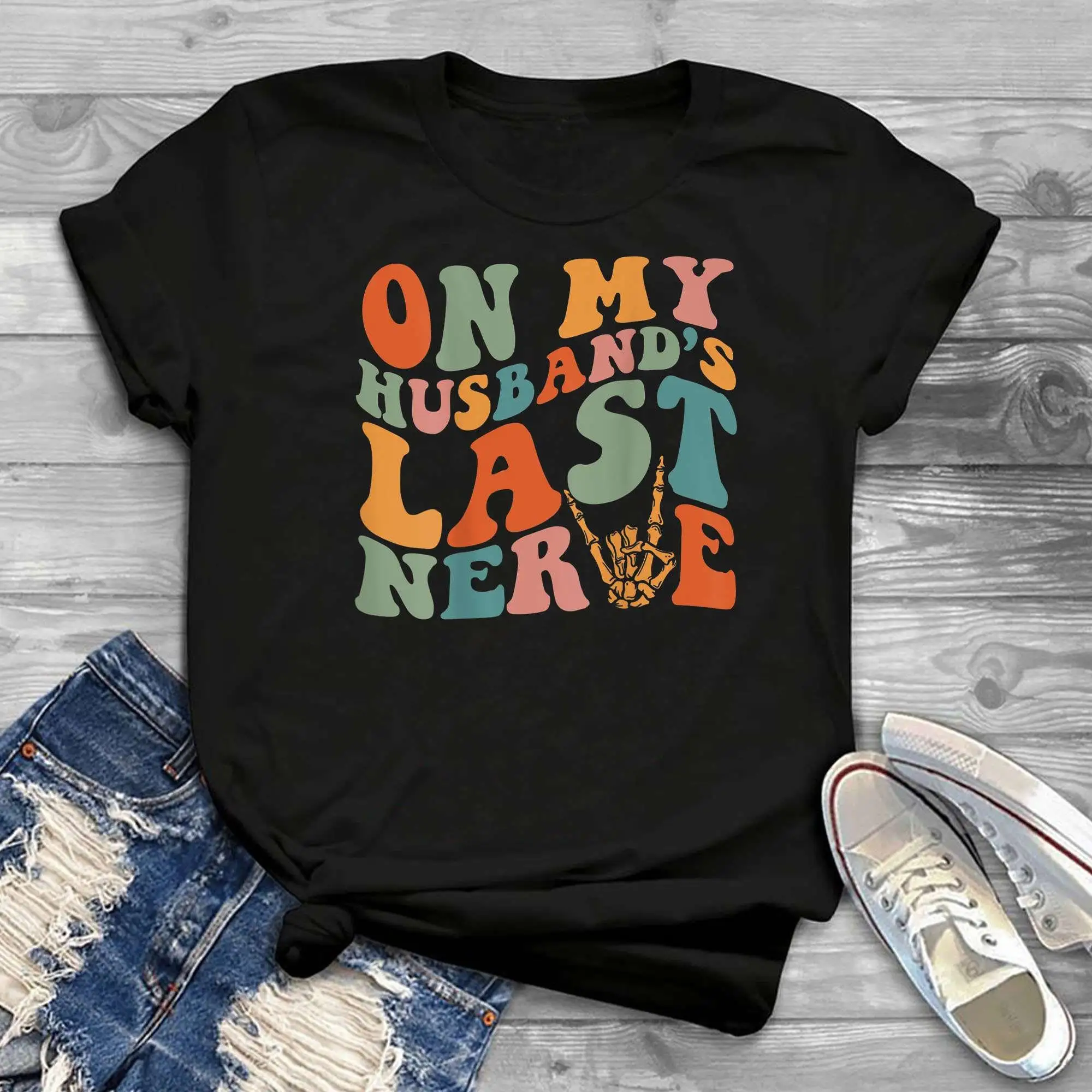 Funny On My Husband's Last Nerve T Shirt Womens Vintage Groovy Wife Husband For Mother's Day