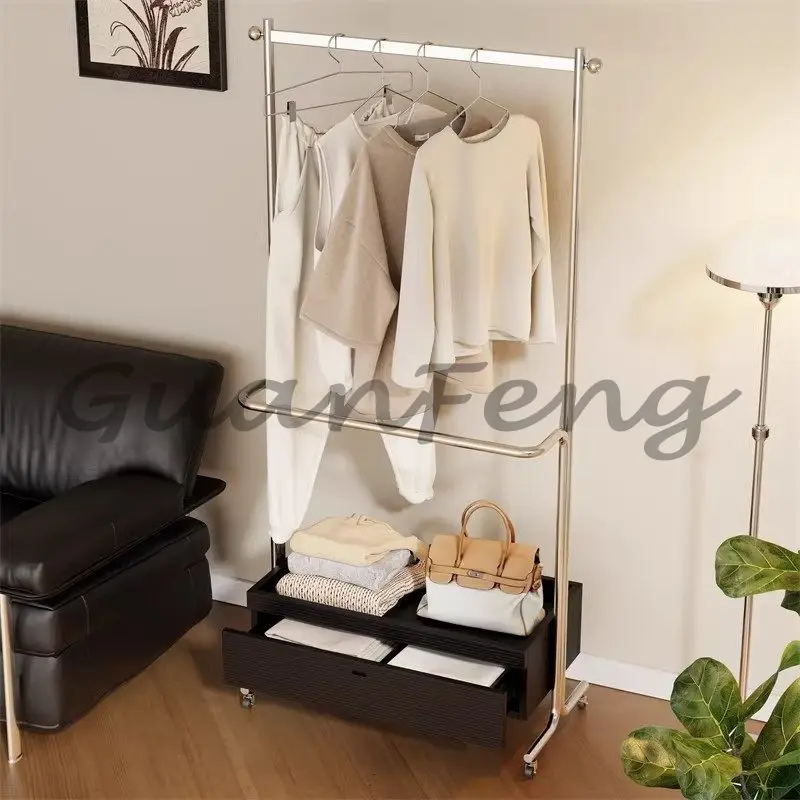 Vintage Floor‑Standing Mobile Garment Coat Rack, Home Clothing Storage Display Rack on Wheels