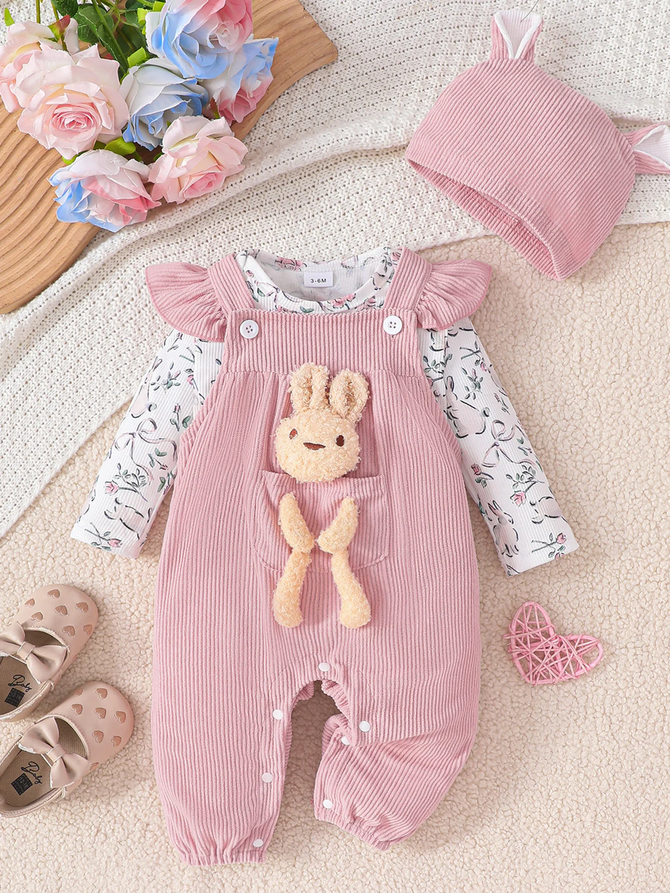 

3-Piece Baby Girls Corduroy Bunny Overalls Set with Floral-Print Bodysuit & Bunny-Ear Hat