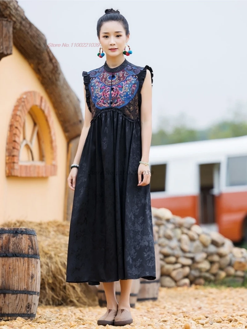 

Китайское винтажное платье 2025 года, атласное жаккардовое народное платье с национальной цветочной вышивкой, восточное лоскутное платье трапециевидной формы ханьфу без рукавов