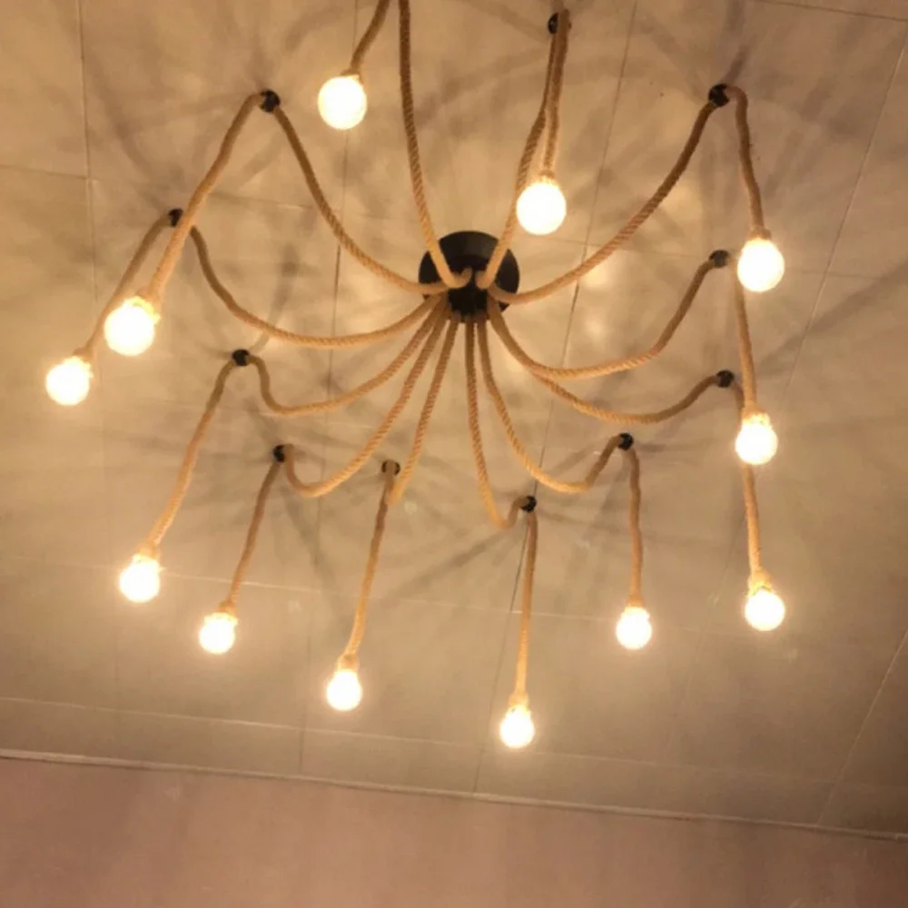 Vintage Chandelier 1/3/5/8/10/12 Heads  DIY Hemp Rope Spider Pendant Light Retro Industrial Ceiling Hanging Lamp Modern Lighting