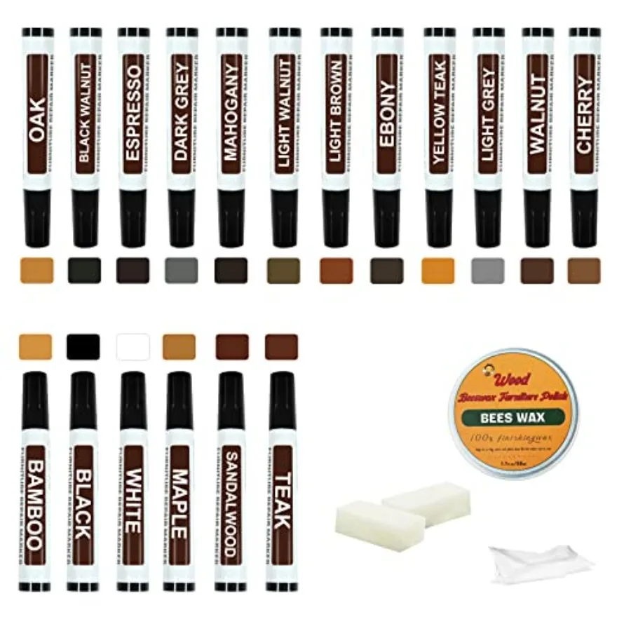 

Furniture Markers Touch Up Kit - New Upgrade 18 Colors Wood Scratch Repair Kit with Beeswax Furniture Polish, Wood Markers Pens