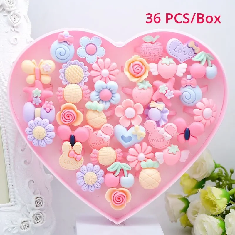 

36Pcs Kids Cute Princess Rings Resin Cartoon Jewelry toy Flower Shape Adjustable Ring Set Creative Accessories Toy for Girl Gift