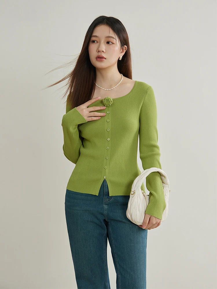 DUSHU Simple Sweet Knitted Bottom Shirt 2024 Spring New Comfortable Slimming Top For Women Green Beige Pink Tops 24DS81240