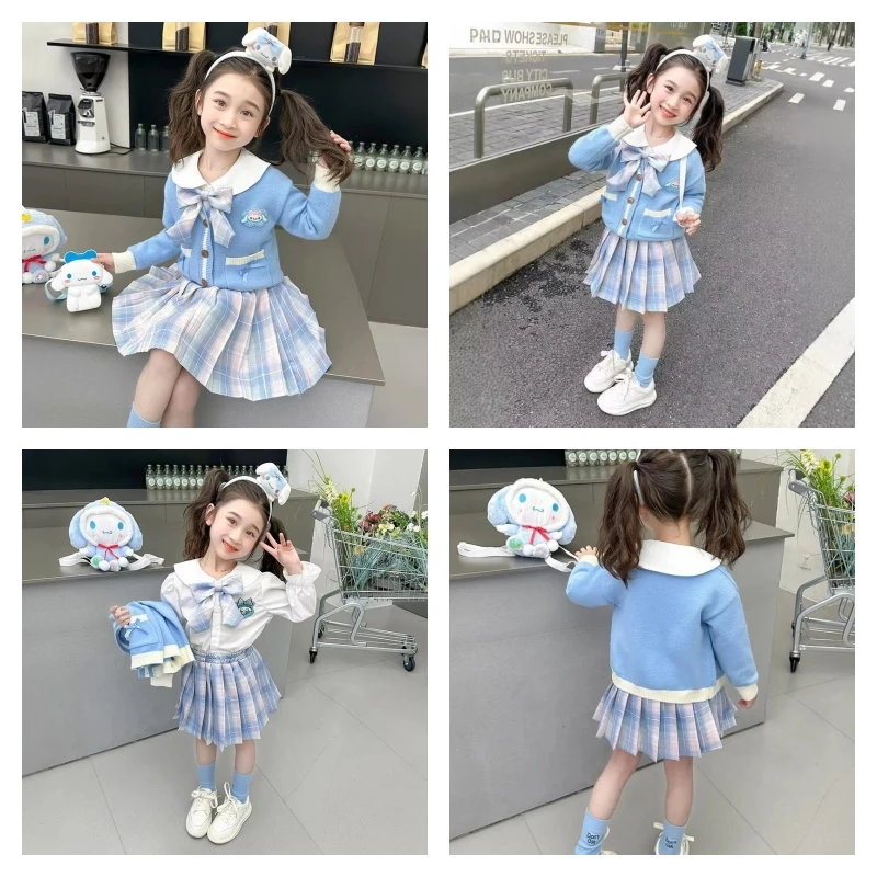 

Sanrio Cinnamoroll, вязаный кардиган с героями мультфильмов для девочек, костюм, юбка, весна-осень, милый, милый, модный, униформа Jk для девочек, костюм из трех предметов