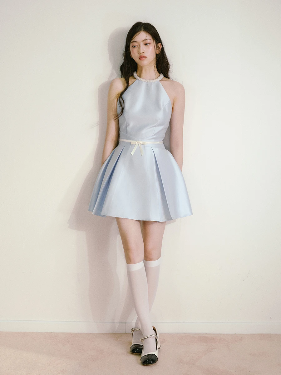 REDDACHiC レディース パール ホルター パーティードレス エレガント サテン オフショルダー リボン プリーツ ミニドレス 卒業式 フォーマル 夏 ワンピース