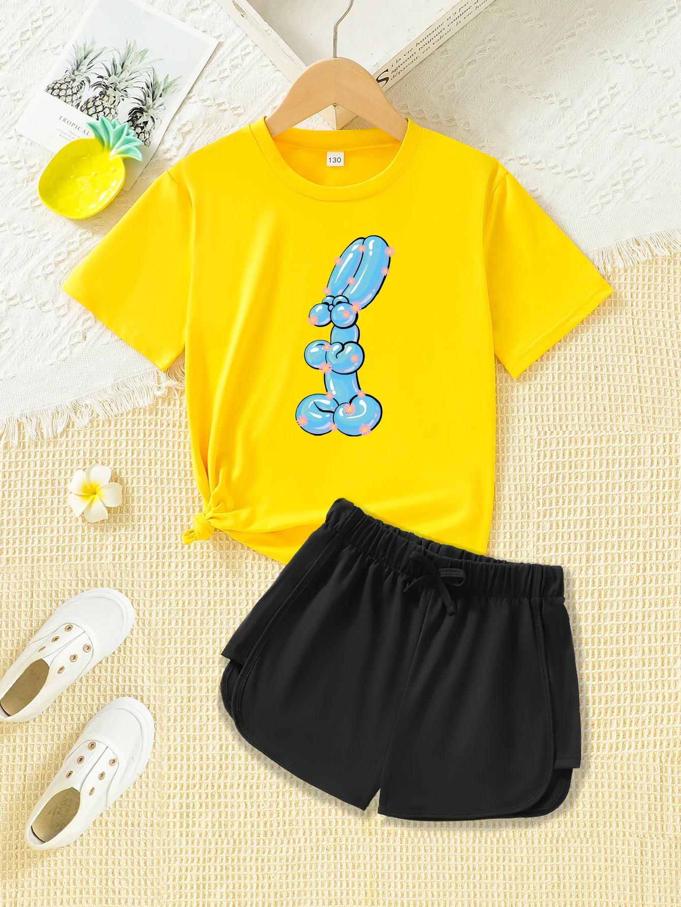 2 Piece Summer Clothing Set for Girls Printed Casual Short Sleeve Shorts Polyester for Comfortable and Soft Clothes For Girls