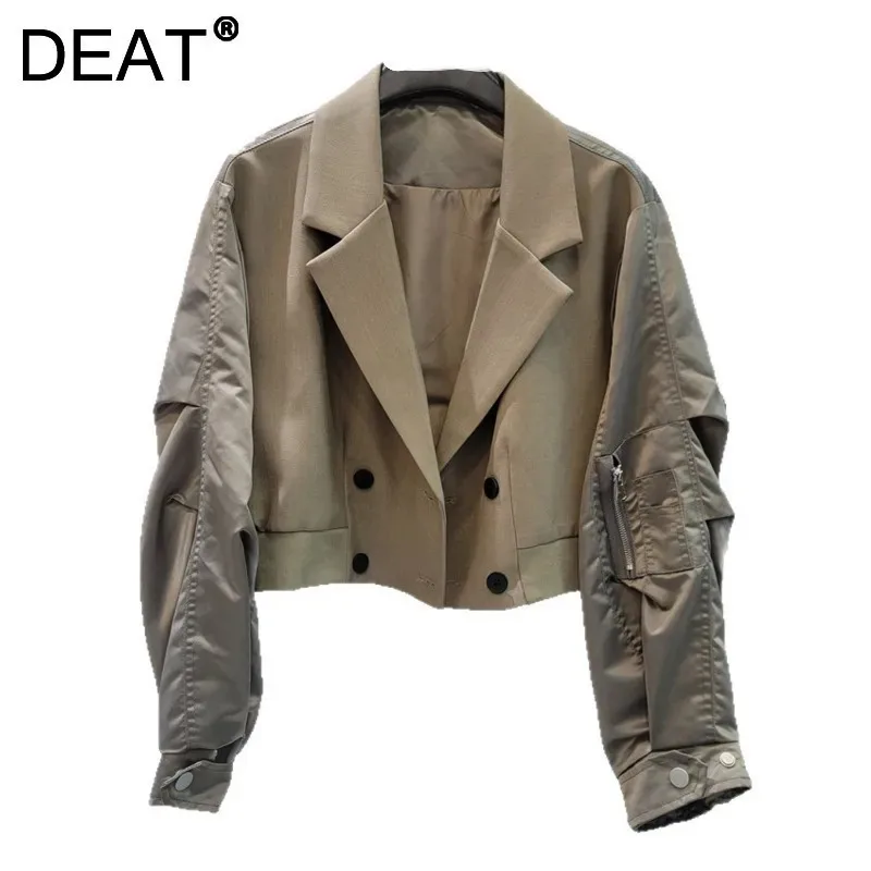 DEAT-Chaqueta de mujer con cuello entallado, doble botonadura, diseño de manga de almazuela, traje corto, chaquetas, nueva moda de otoño 2025 29A2600