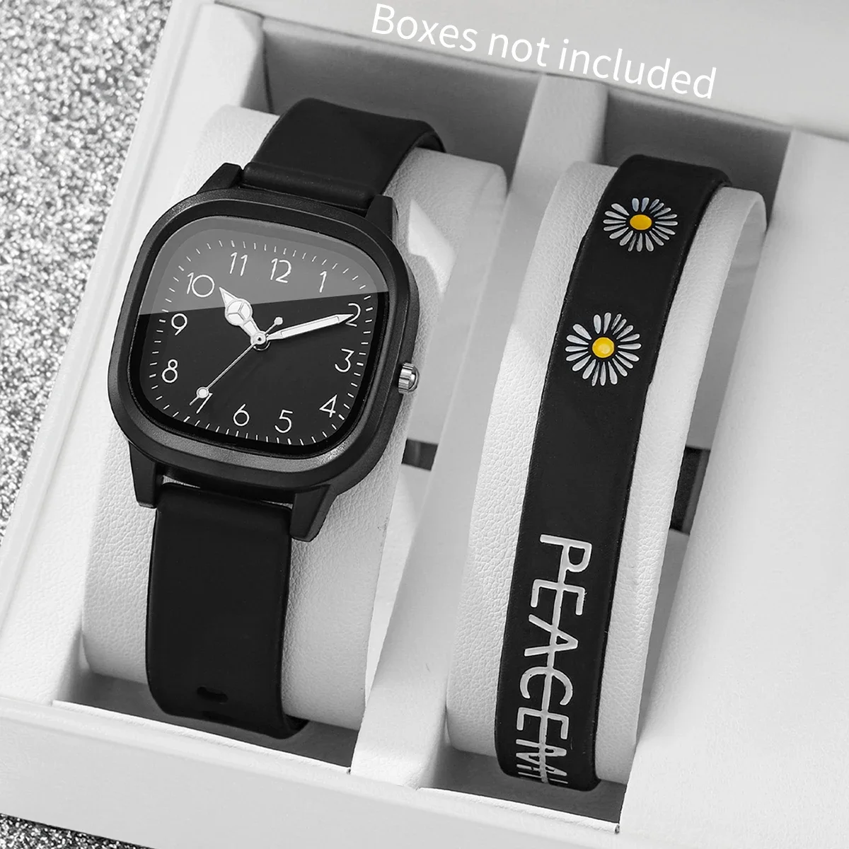 2PCS Fashion Square Women Watches Casual Arabic Dial Silicone Strap Quartz Wristwatch Bracelet Set Reloj Mujer (Without Box)