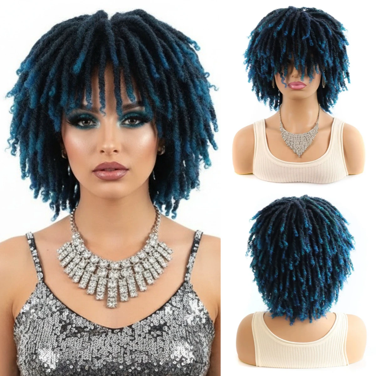 Heat Resistant Synthetic African Small Curly Full Blue Wig Tube Curl Hollow Curl Faux Locs Multicolor Wig