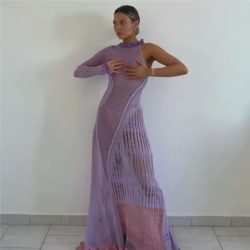 hirigin Women Long Knit Dress Contrast Color Hollow-Out See-Through One Shoulder Long Sleeve Beach Dress Bikini Cover-Ups - AliExpress 200000345