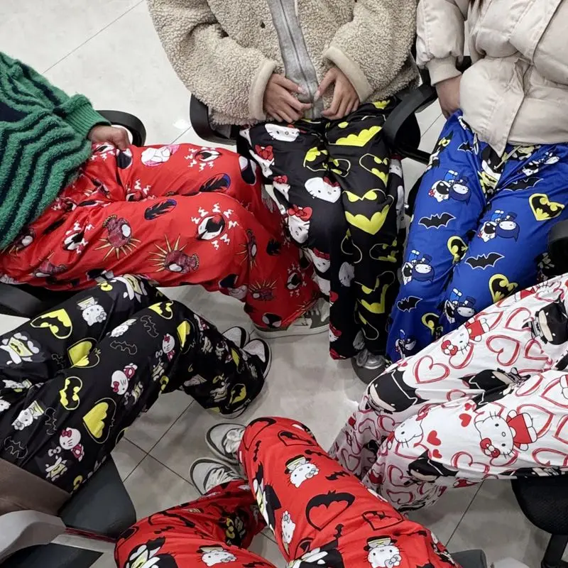 Quente sanrio verão estilo olá kitty y2k batman gwen stacy calças de pijama dos desenhos animados verão estilo fino hip hop casual bonito calças presentes