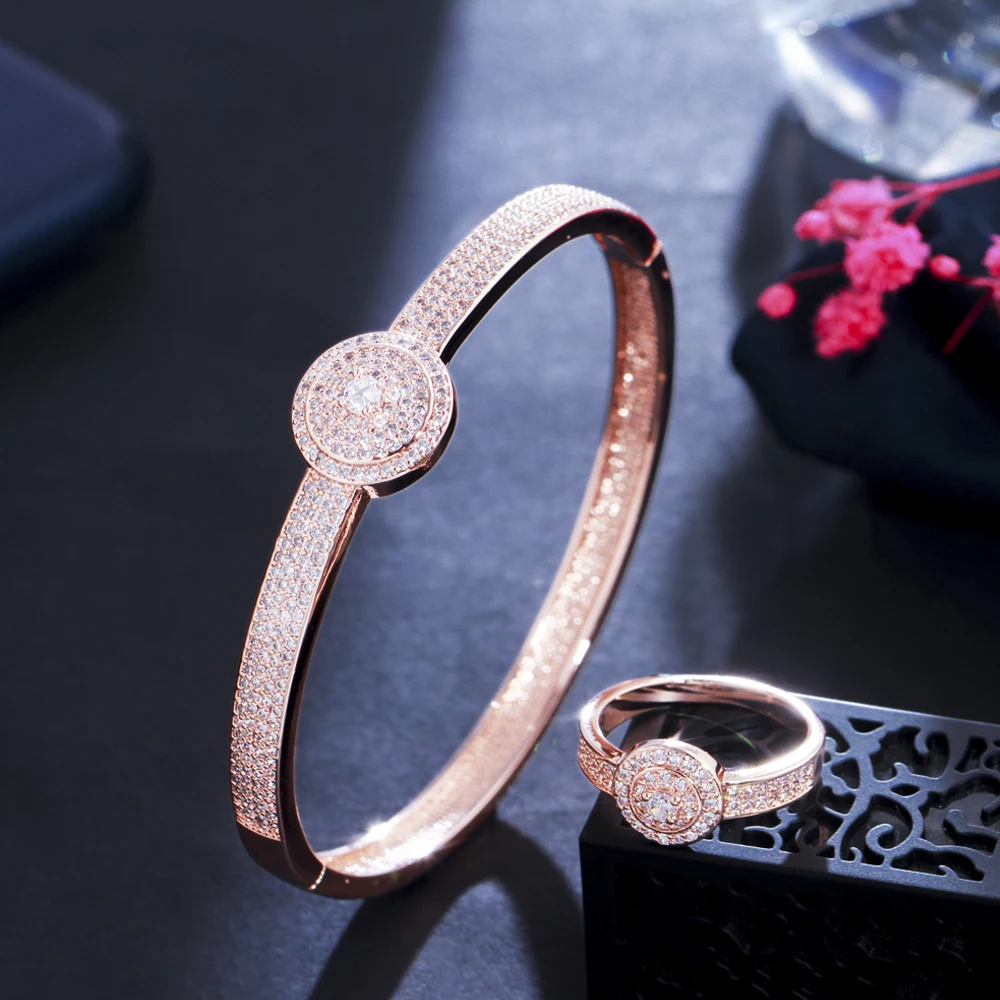 

ThreeGrace Elegant Micro Pave Cubic Zirconia Rose Gold Color Luxury Open Cuff Bangle and Ring Set for Women Party Jewelry JS556