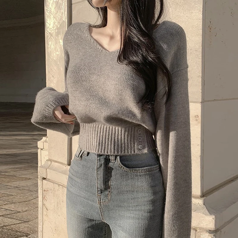 

Chic Autumnal Vintage Knitwear Long Sve V-Ne Waist-Cinching Button-Up Slimming Versatile Women's Overhead Sweater