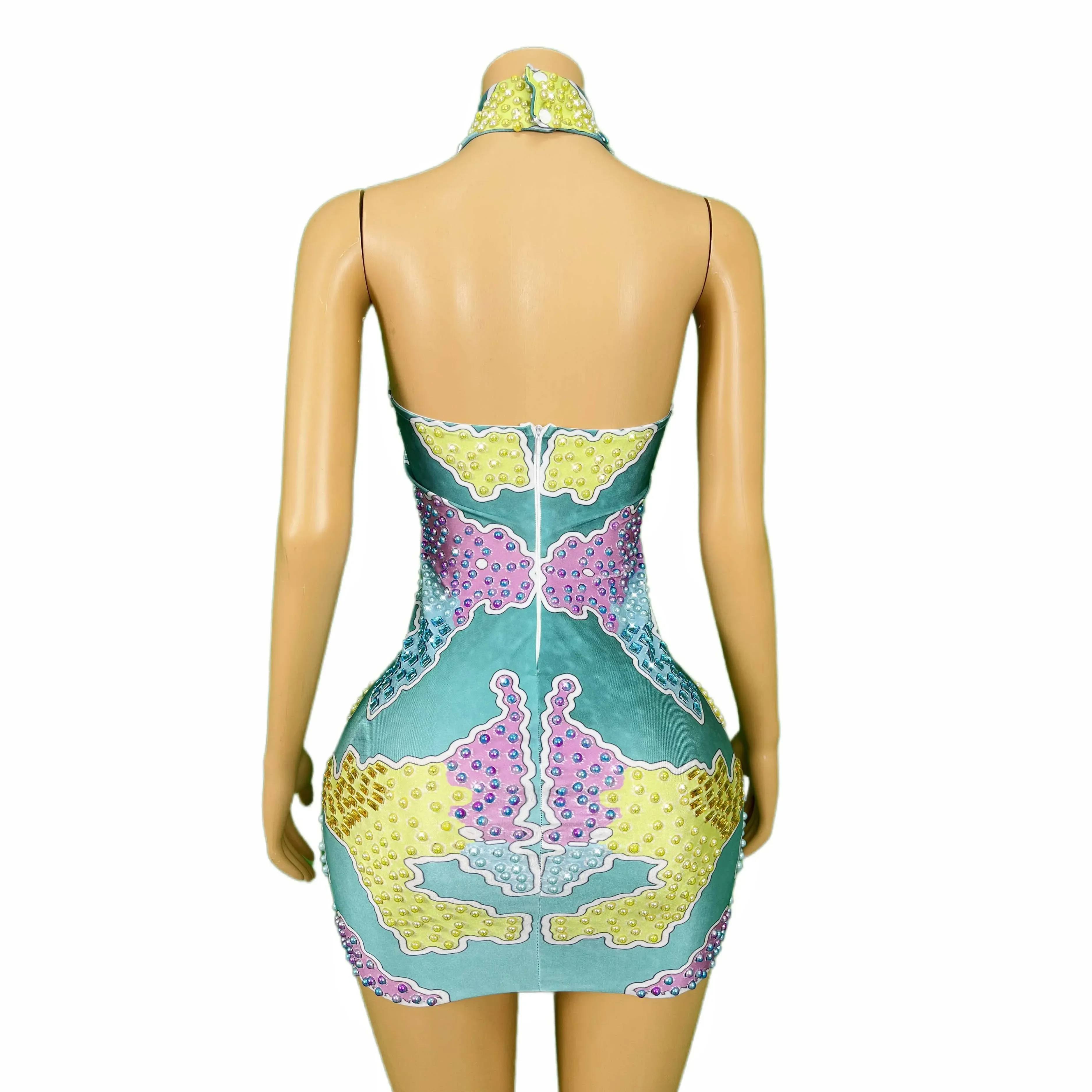 Map Pattern Sexy Stones Collection Fashion Women Birthday Celebrate Rhinestones Halter Neck Mini Dress