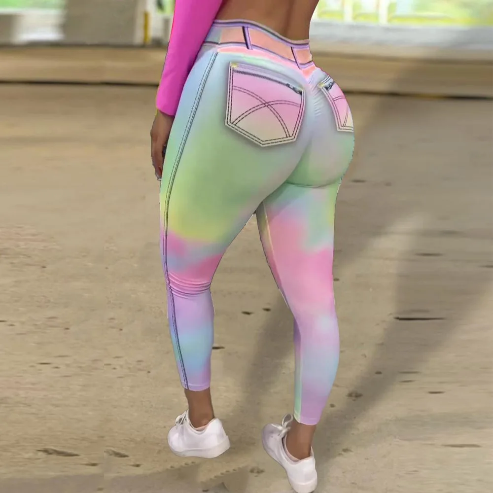Hot Tie-dye Colorful Women's Imitation Denim Leggings Large Size Sports Yoga Pants