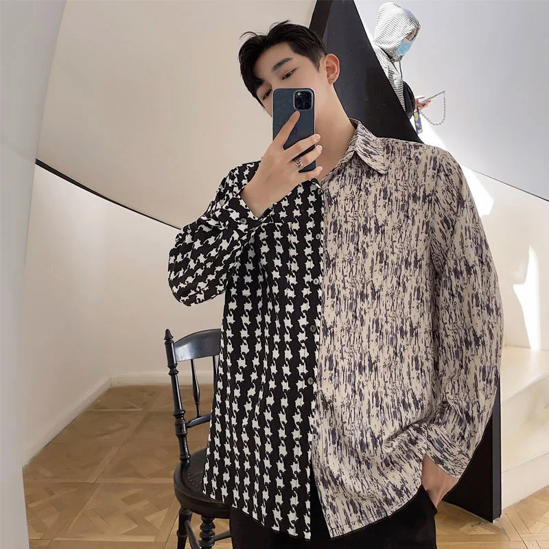 Colorblocked Men's Leopard Stitching Shirt Korean Tide Loose Top Spring 2022 New Casual Long Sleeve Shirts Vintage Fashion