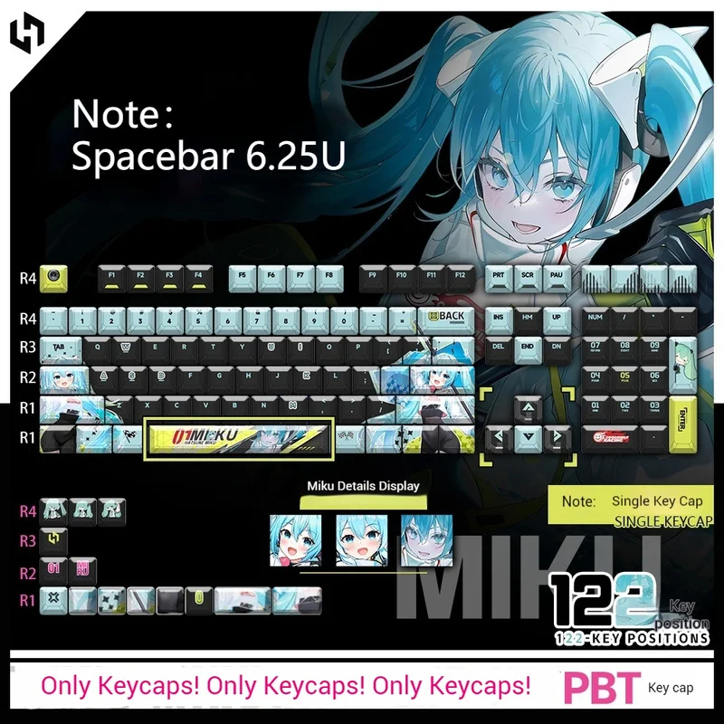 Miku Keycap Racing Theme 122key Pbt Hot Sublimation Front Engrave Side Engrave Cartoon Cute Anime Mechanical KeyboardKeycap Gift