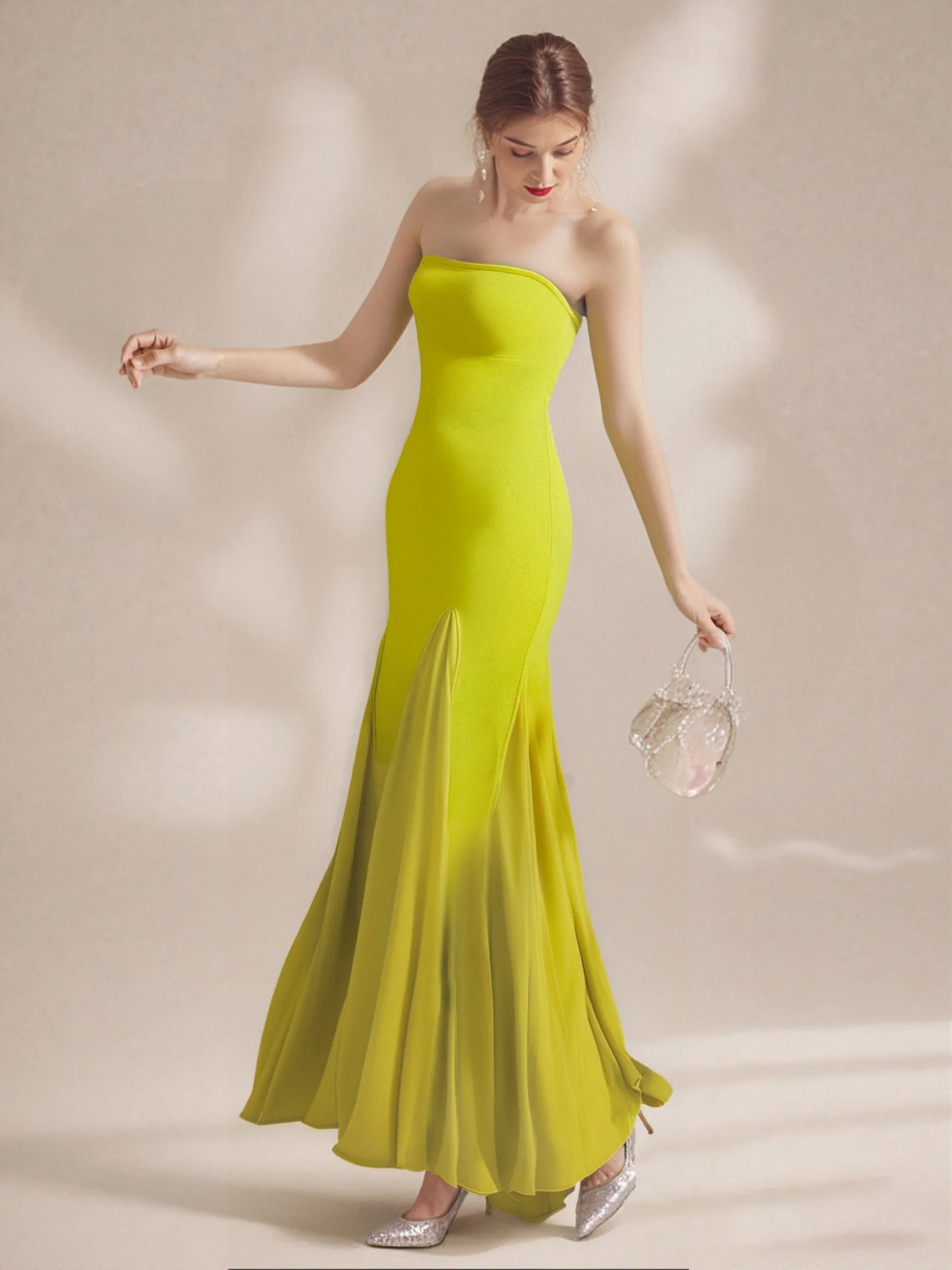 

Yellow Color Women Sexy Strapless Bodycon Long Maxi Bandage Dress Celebrate Birthday Vacation Graduation Season Outfit