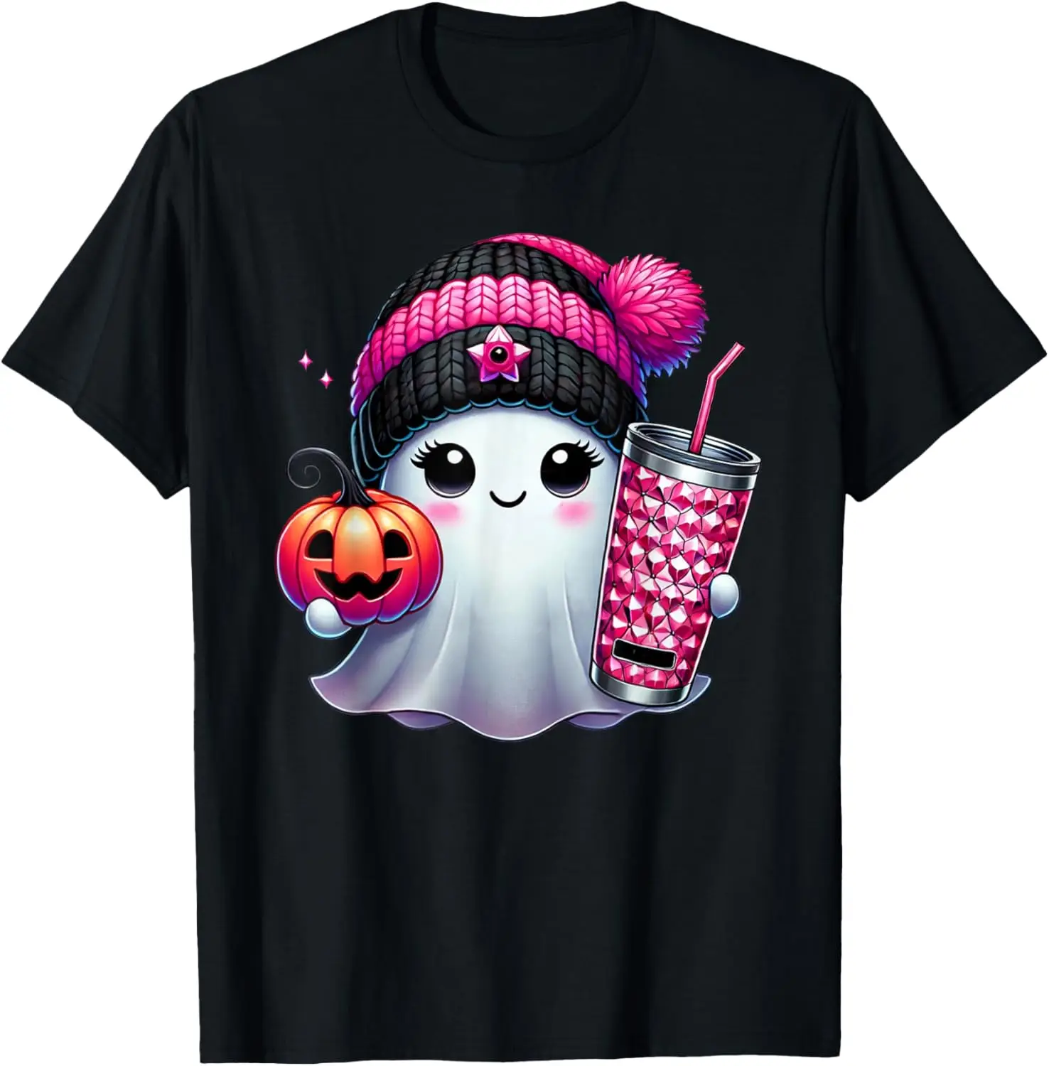 

Cute Ghost Drinking Coffee Halloween Ghost Ice Coffee Womens T-Shirt