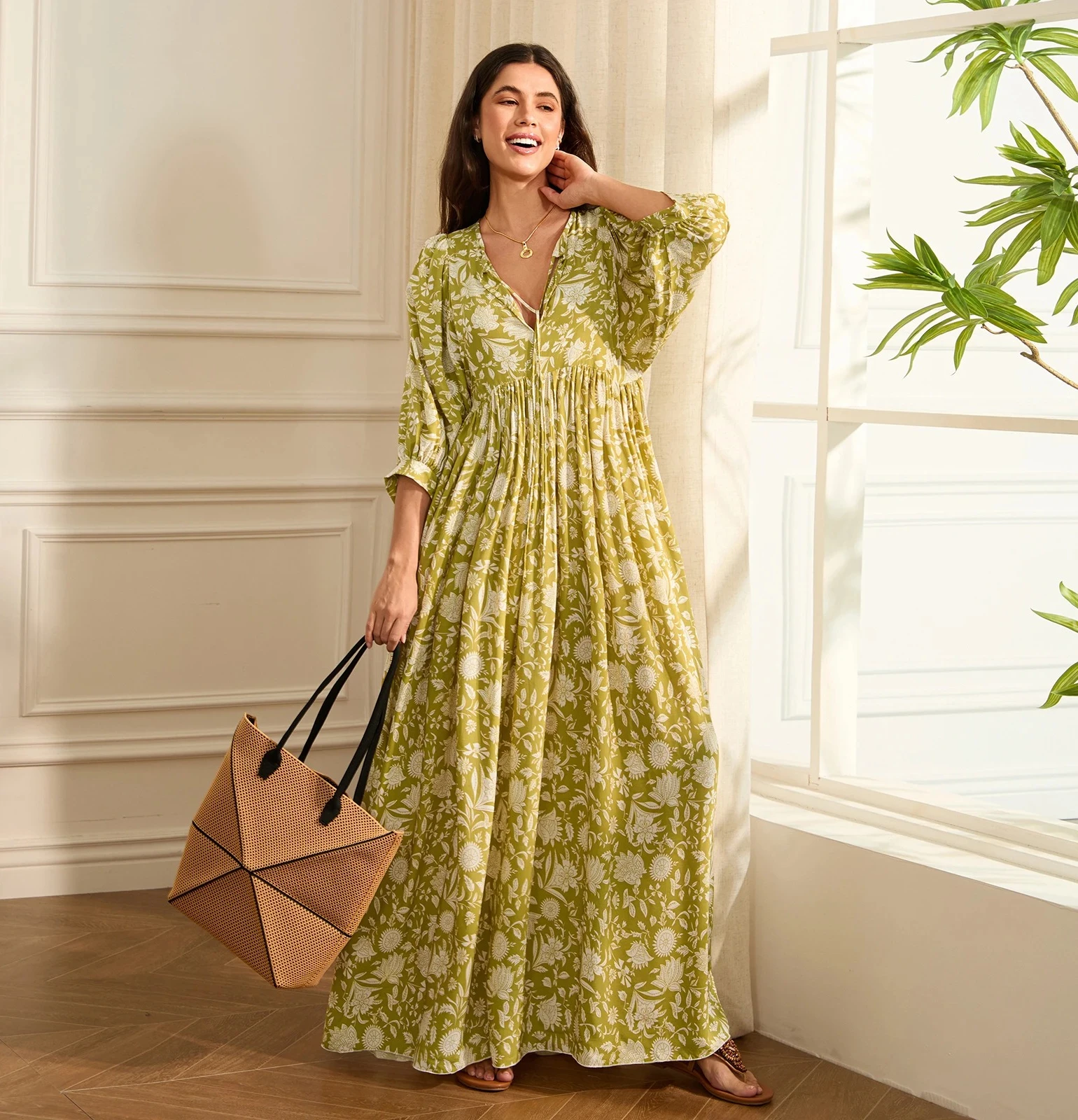 

Women Bohemian Holiday Beach Long Dress Sleeve V Neck Floral Print Loose Summer Casual Swing Dresses