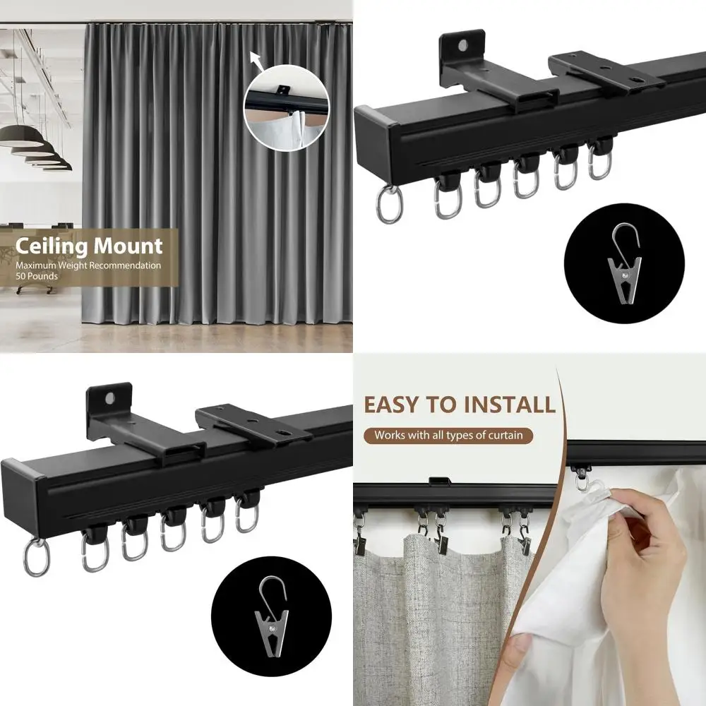 

Extra Long Ceiling-Mounted Curtain Track for Living Room, Bedroom, and Patio - Black, 15ft