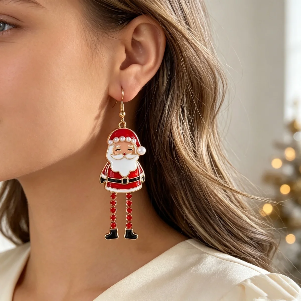 Weihnachtliche kreative Ohrhänger mit simulierten Perlen und langen Beinen im Weihnachtsmann-Design für Damen, Neujahrs-Ohrschmuck mit Lebkuchenmann und Schneemann. – Detail 10