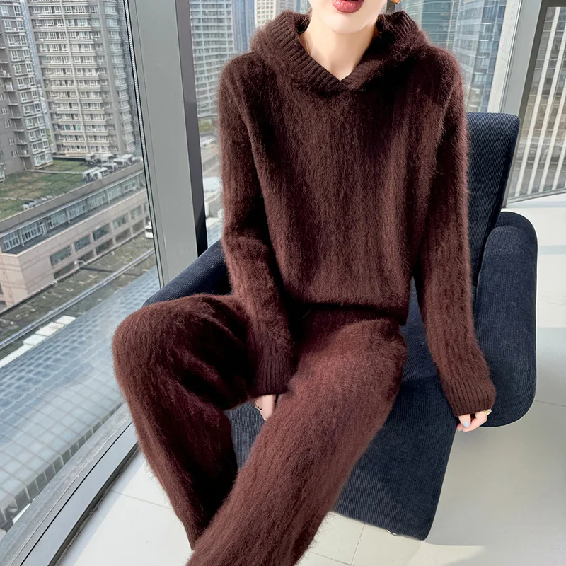 

Осенне-зимний новый свитер из норковой шерсти, свитер с капюшоном, пуловер, вязаный кашемировый свитер, свободный комплект с капюшоном