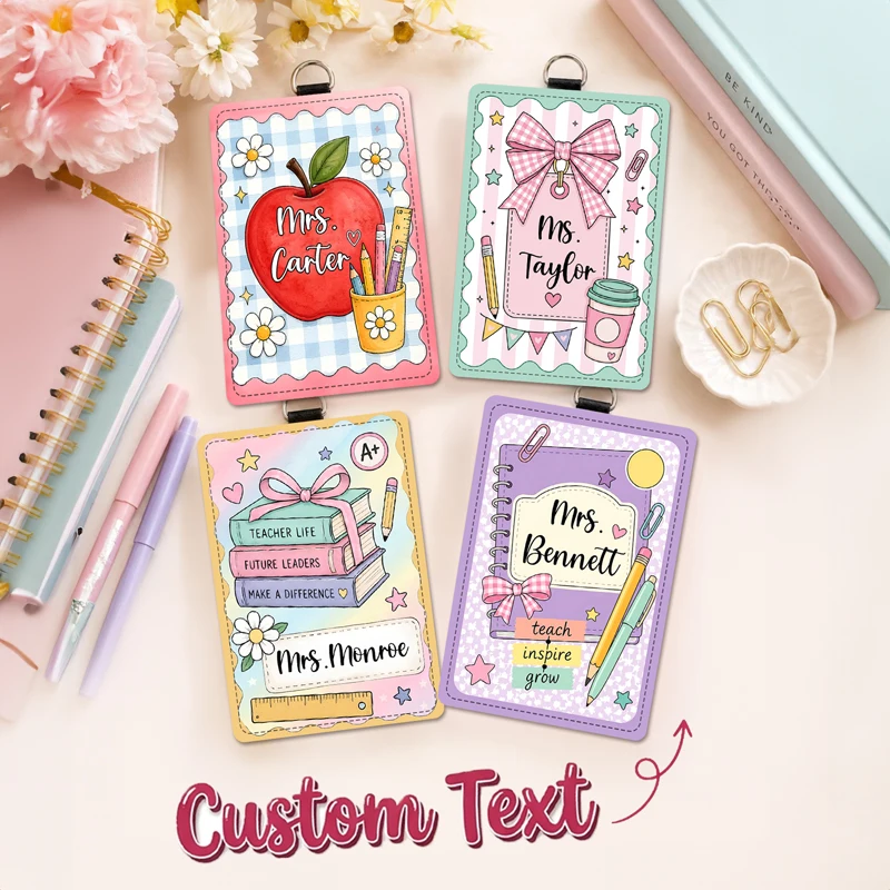 Personalized Teacher Badge Holder,Custom Name ID Card Case with Lanyard Clip,Cute School Design,for Work ID & School Supplies