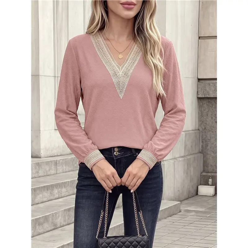 Women's Lace Trim V Neck Loose Textured Long Sleeve T-Shirt Eco-Friendly