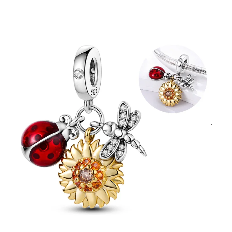 Charms 925 Silver Fits Pandora 925 Original Bracelet Necklace Womens Ladybug Sunflower Dragonfly Pendant DIY Fine Jewelry Gifts