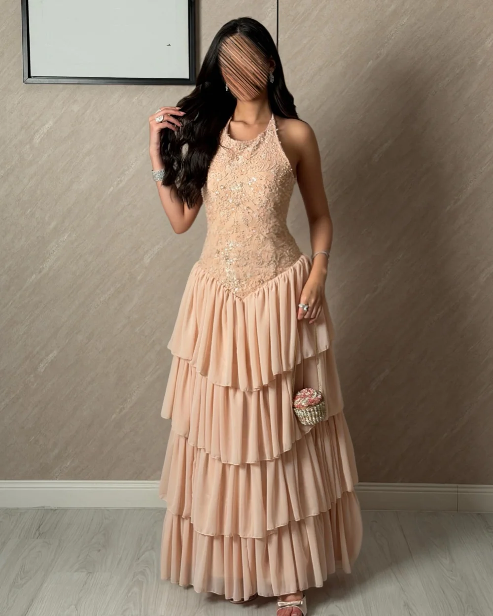 Customized Modern Style Chiffon Sequined Beading A-Line Evening Dresses Formal Sexy Halter Sleeveless Floor Lenght Prom Dresses