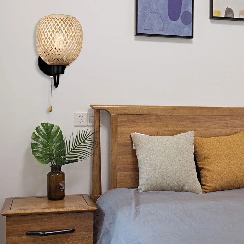 Rattan Bamboo Wall Sconce Light Fixture Vintage Wall Lamp Lighting Bedside Retro Lamp Industrial Decor Dining Room Bedroom image 3