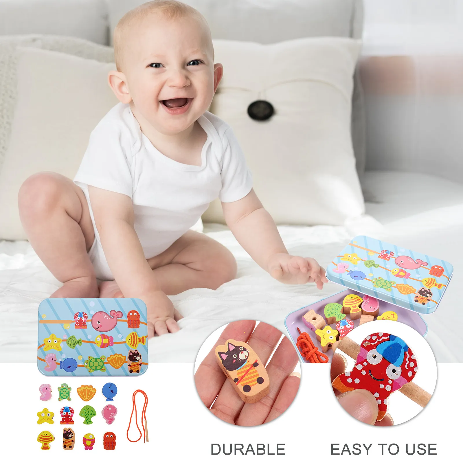 1Set String Beads Cartoon Educational Wooden Beading Early Learning Threading Game for Motor Skill Development Cognitive