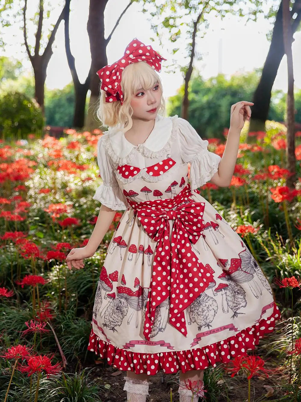 Elegant Mori Girl Lolita JSK Dresses White Dot Animal Print Lace-up Big Bow High Waist Slim A-line Sweet Cute Long Dress Women