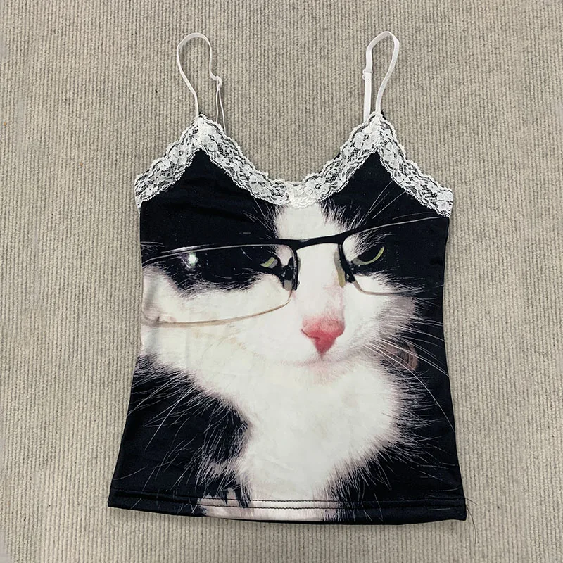 Harajuku Sexy Gothic Slim Vest Kawaii Personalized Kitten Print Sleeveless Camisole Summer Fashion Spice Girl Lace stitching Top