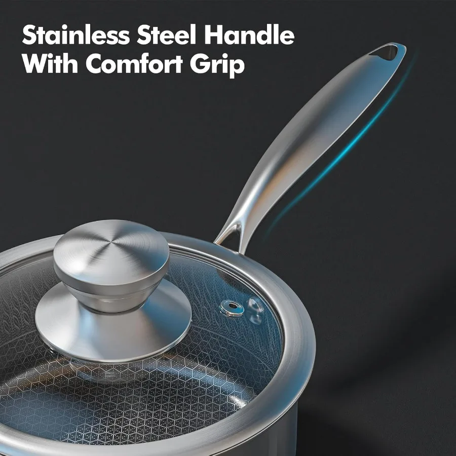 طقم أواني ومقالي من الفولاذ المقاوم للصدأ غير لاصقة هجينة، طقم أواني طهي حثي مع أغطية من الزجاج المقسى، وعاء غير لاصق ومجموعة مقلاة Su